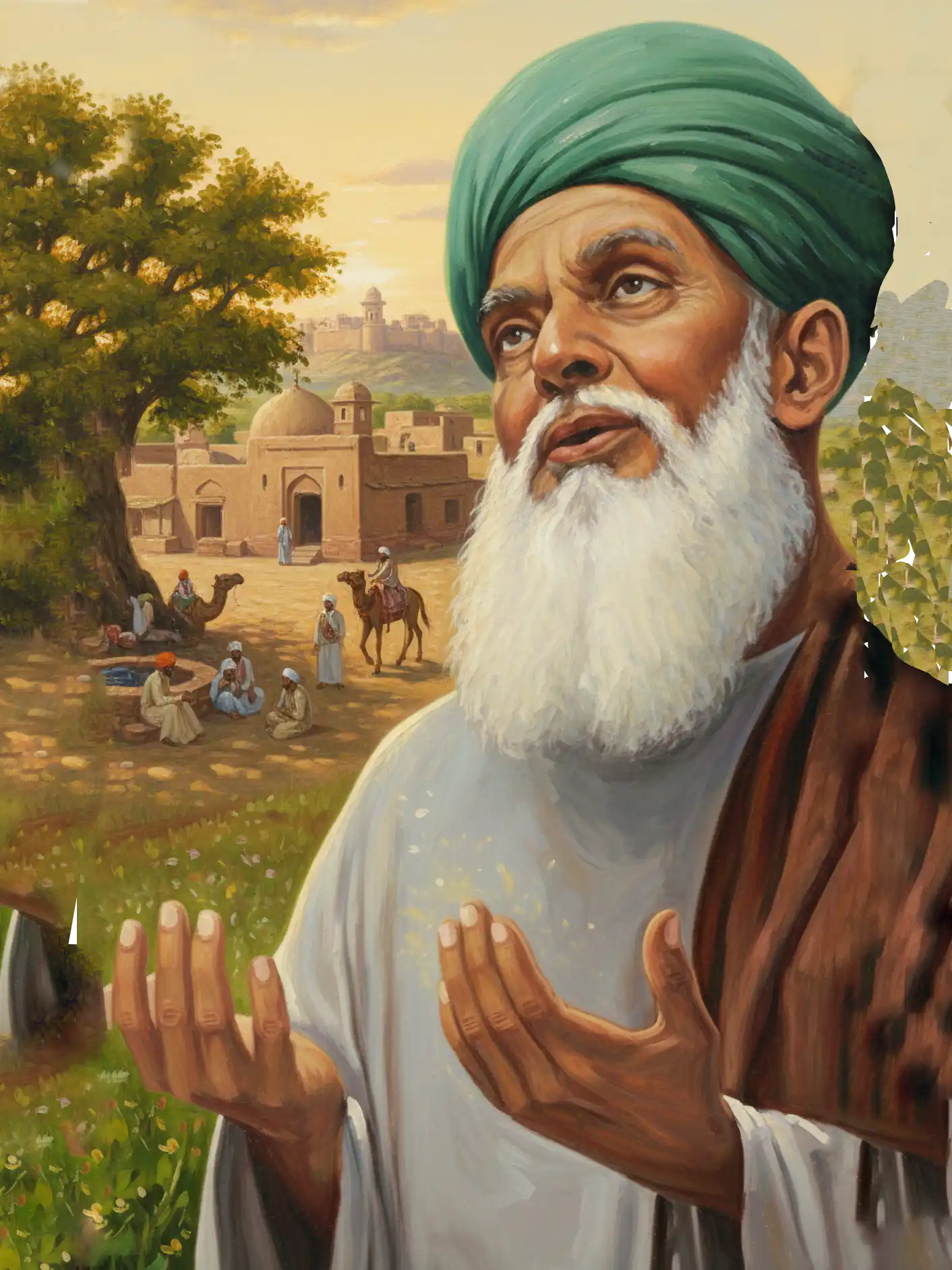 Artistic depiction of the Sufi saint Baba Farid Ji, a central spiritual inspiration and the first major poet of the Punjabi language, who is spiritual inspiration for the mission of Jeevay Sanjha Punjab to bridge the gap and preserving Punjab heritage.